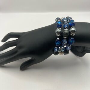 Vintage Blue Lampwork Glass, AB Crystal, Blue Milk Glass Memory Wire Bracelet